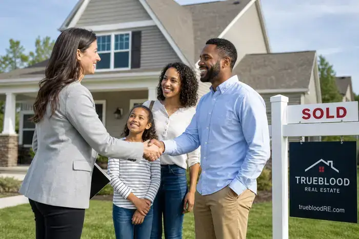 Family and agent celebrating sold home