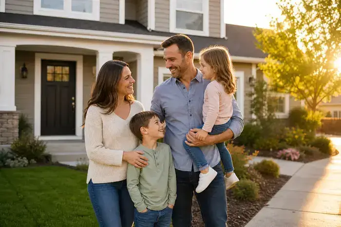 Happy family outside their home
