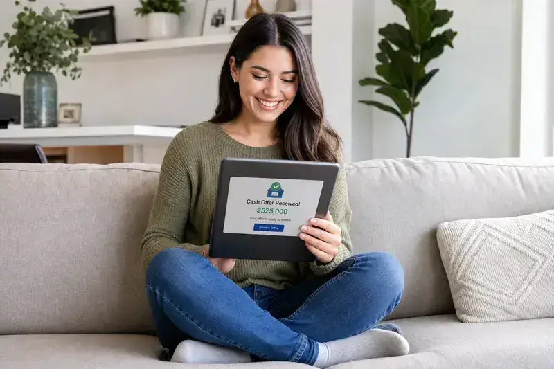 Woman reviewing cash offer on tablet